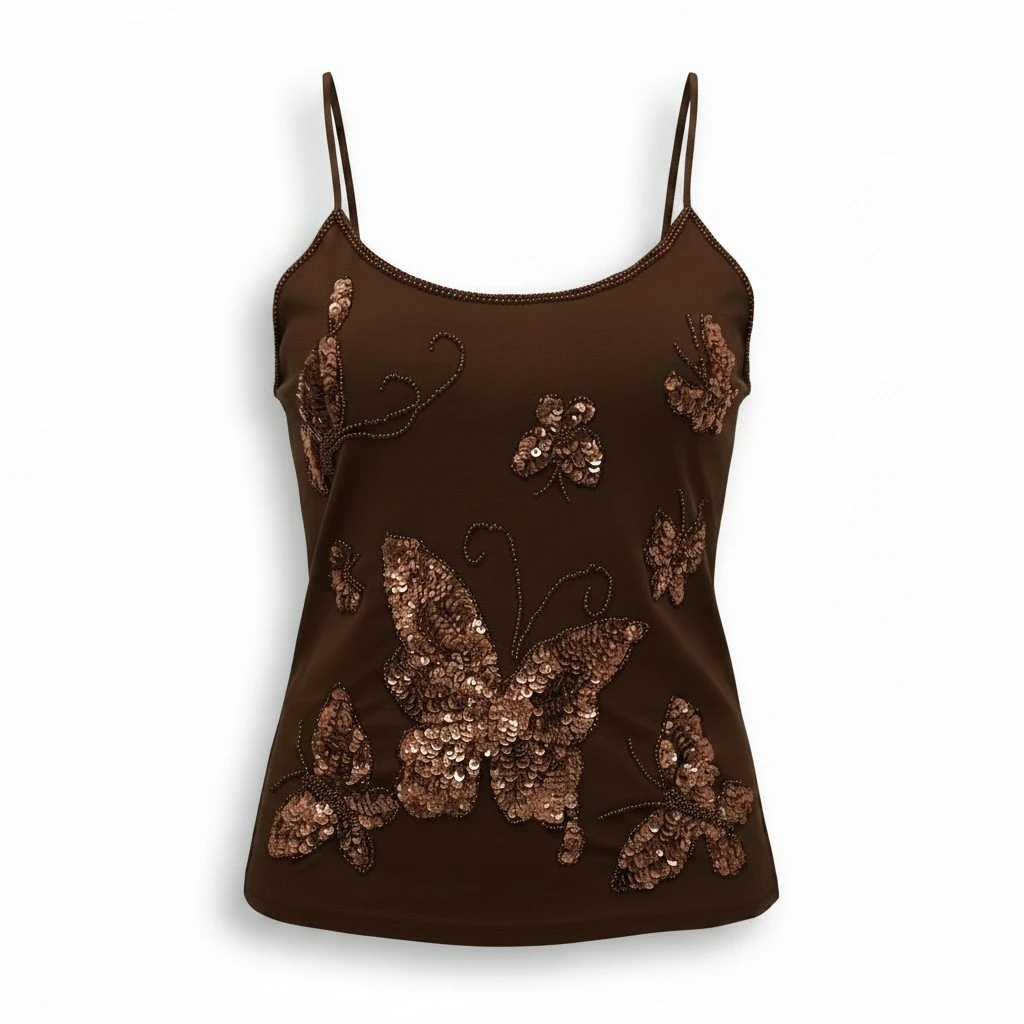 NWOT 🆕 Size M Brown Sequined Butterfly Camisole Top
