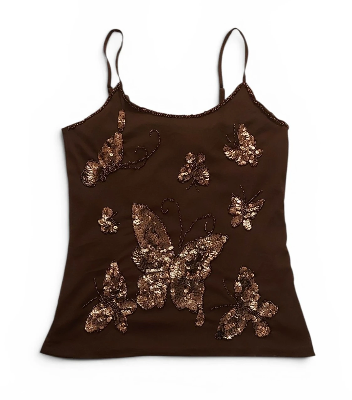 NWOT 🆕 Size M Brown Sequined Butterfly Camisole Top - photo 2