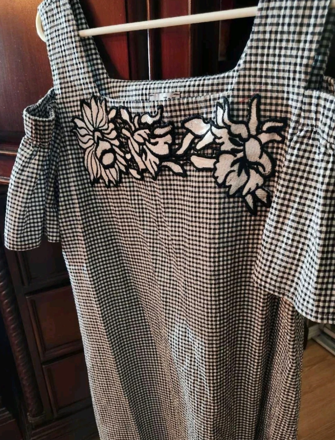 Cold Shoulder Gingham Dress with Floral Appliqué