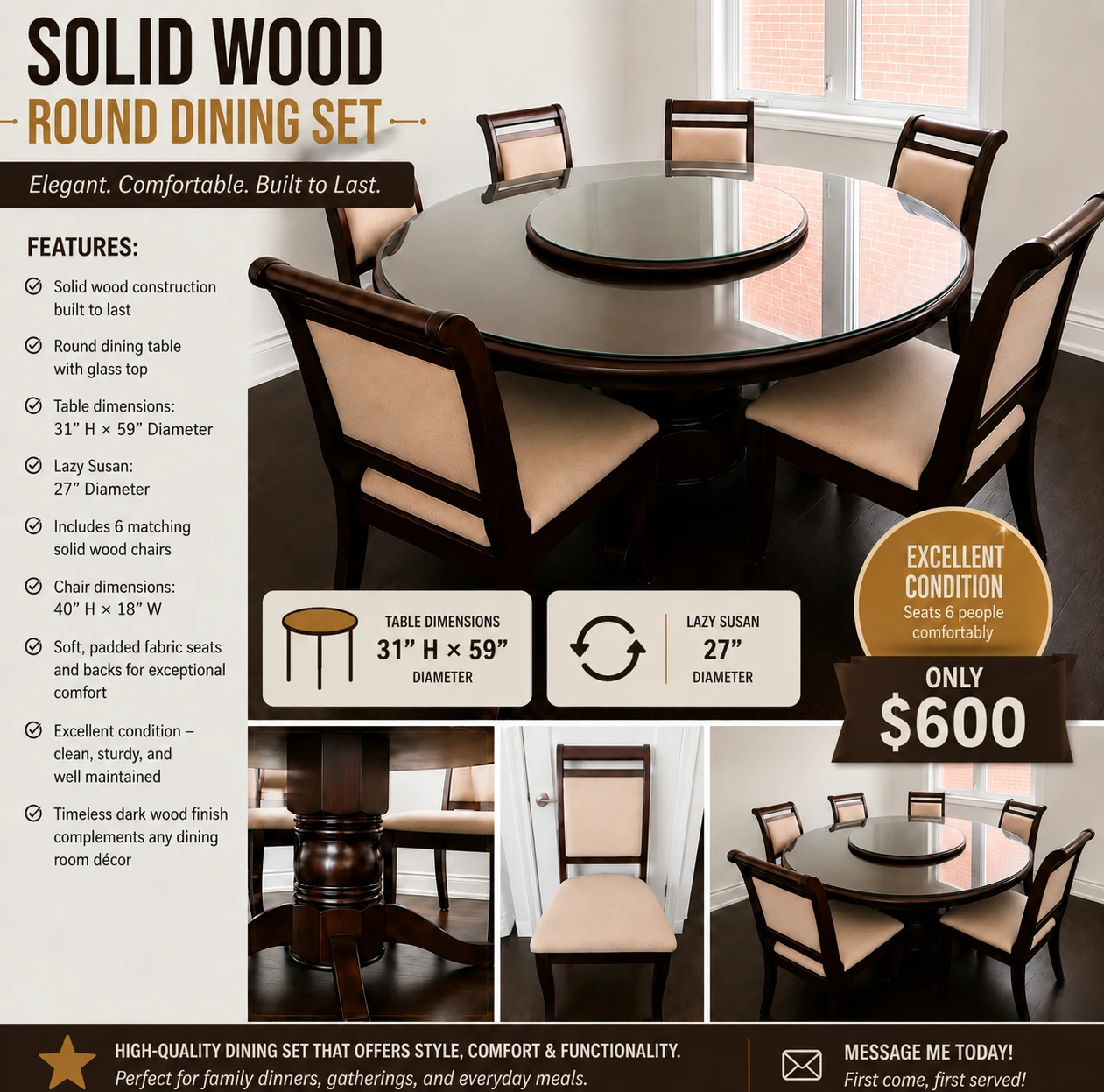 Solid Wood Round Dining Set with 6 Chairs and Lazy Susan