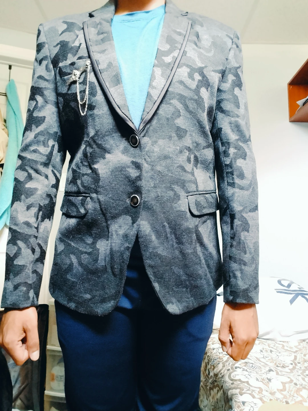Men's Camouflage Blazer with Wing Pin (Black and Grey) Size M