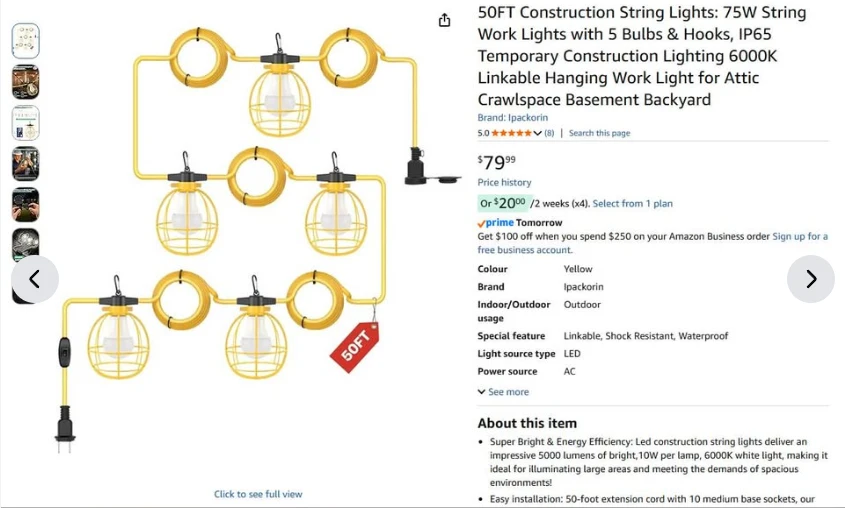 50ft Construction Waterproof String Lights with 5 Bulbs - photo 2