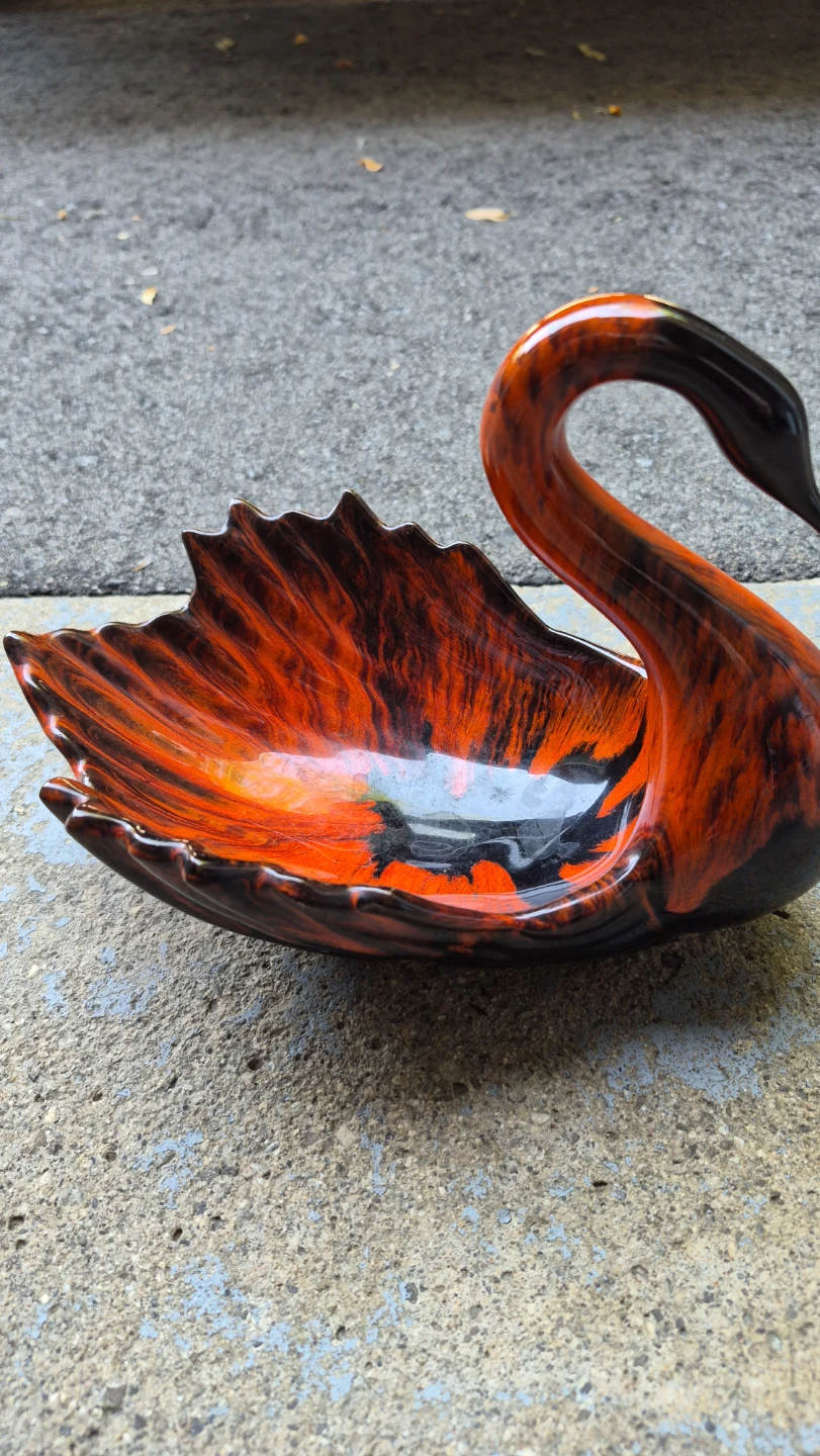 Vintage Ceramic Swan Bowl Orange & Black Glaze