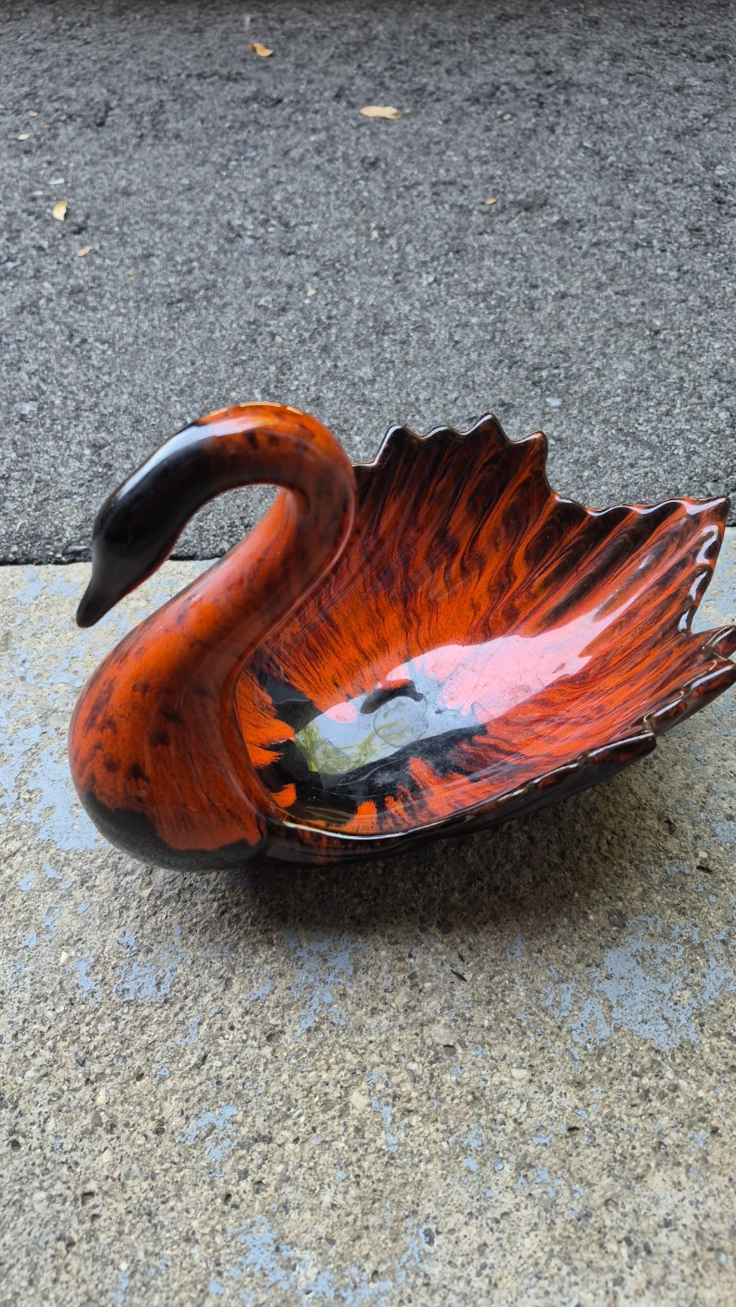 Vintage Ceramic Swan Bowl Orange & Black Glaze - photo 3