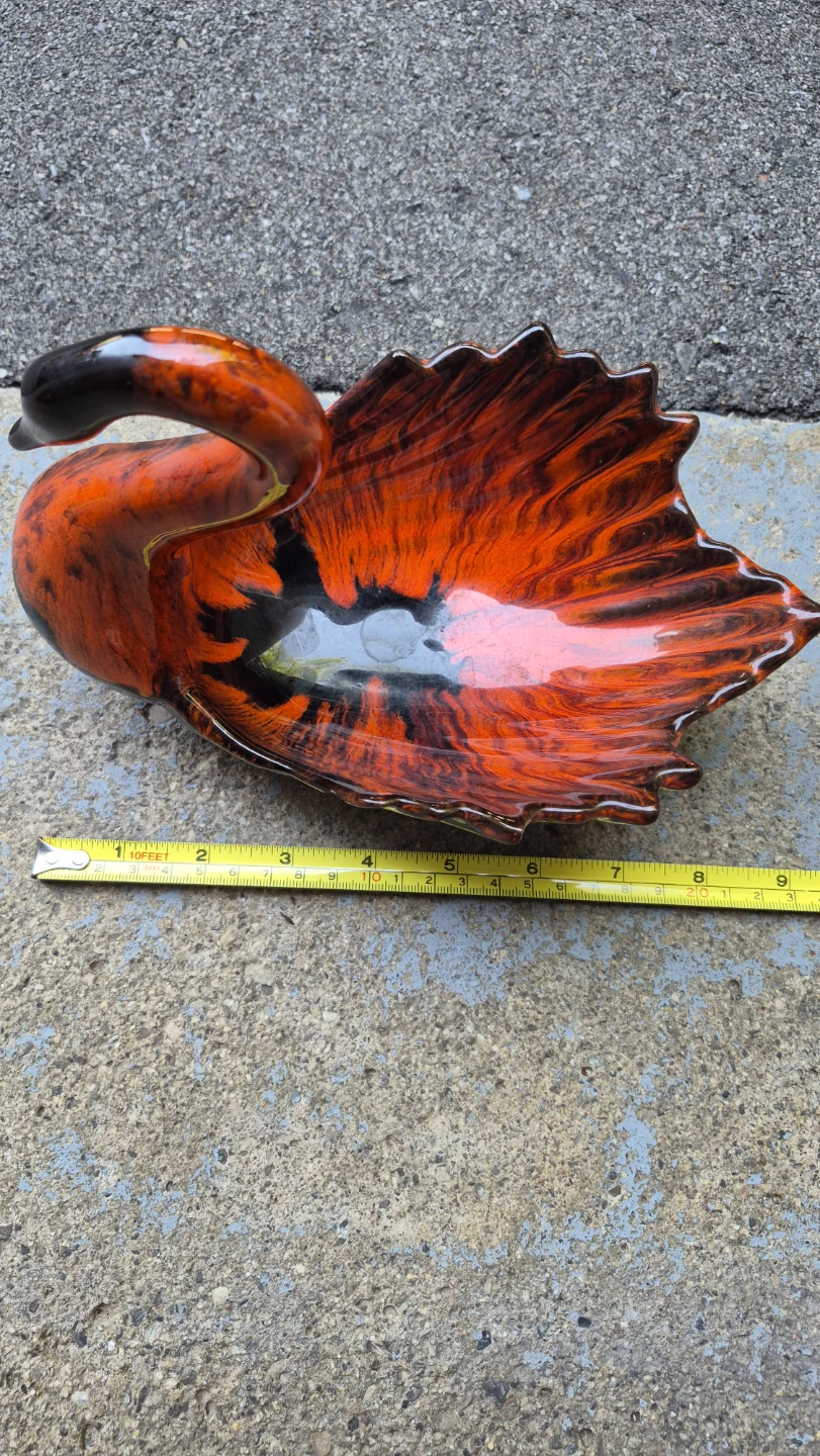 Vintage Ceramic Swan Bowl Orange & Black Glaze - photo 5