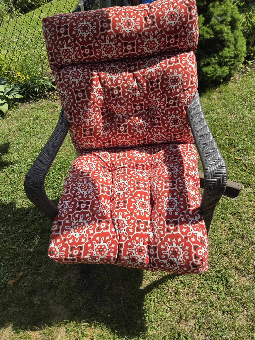 Outdoor Chair Cushion with Red Floral Pattern