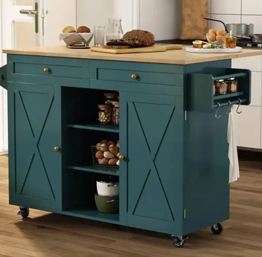 Teal Kitchen Island Cart with Butcher Block Top - photo 2