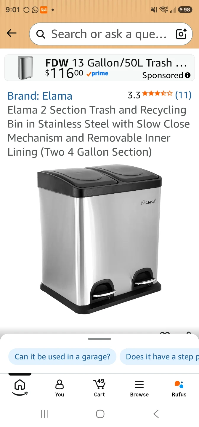 Elama Stainless Steel 2 Section Trash and Recycling Bin - photo 4