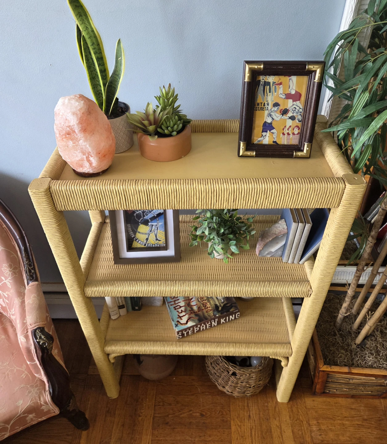 Vintage Slim Three Tier Solid Wood Construction  Rattan Bookcase - photo 3