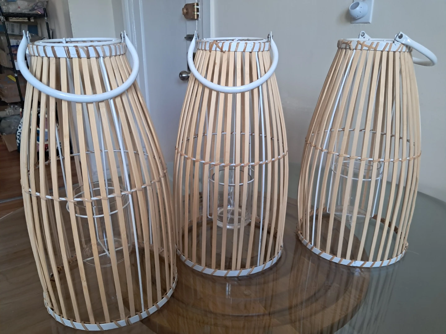 Set of 3 Bamboo Lanterns with Glass Holders