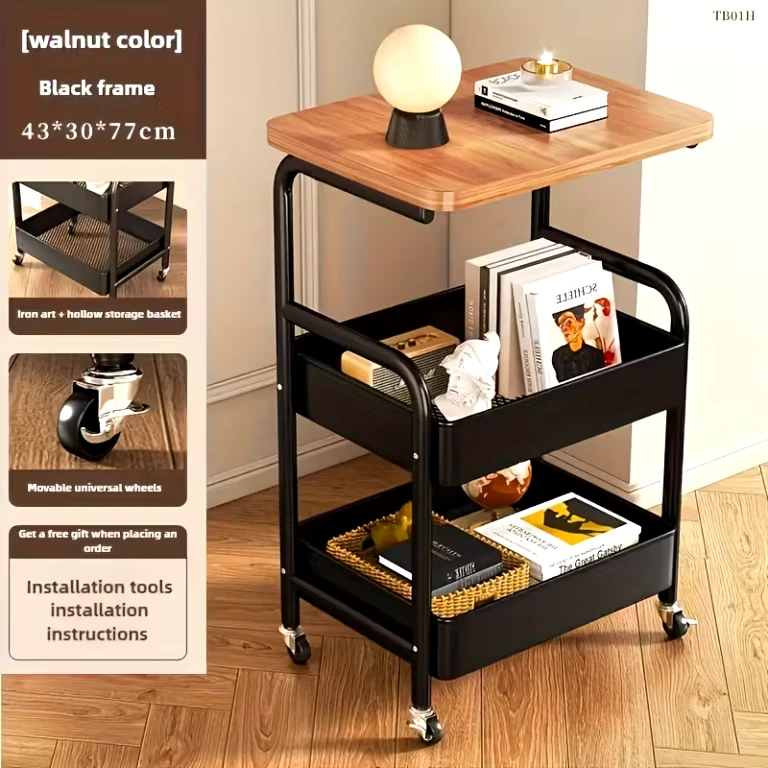 (BRAND NEW) 3-Tier Walnut/Black Rolling Cart