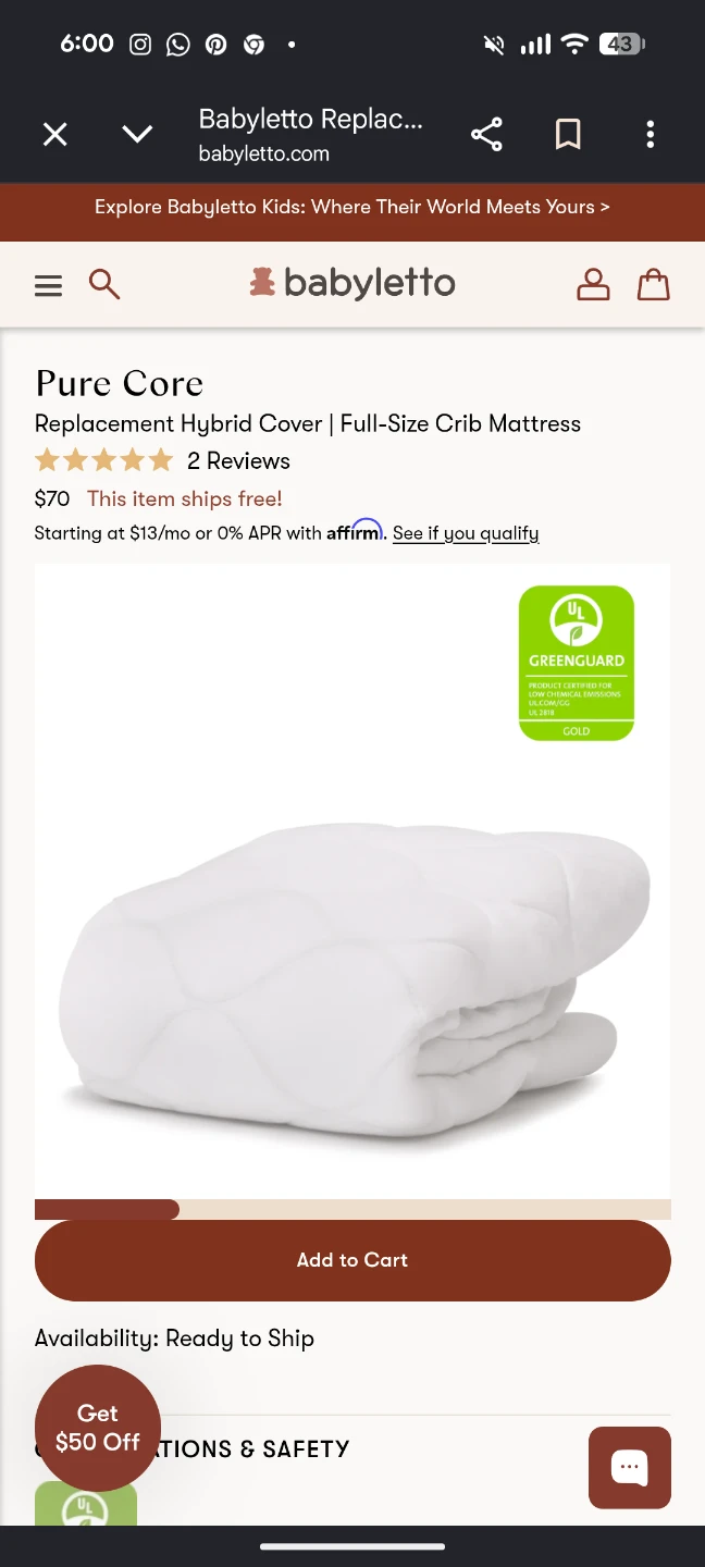 Babyletto Pure Core Replacement Mattress Cover - Full-Size Crib