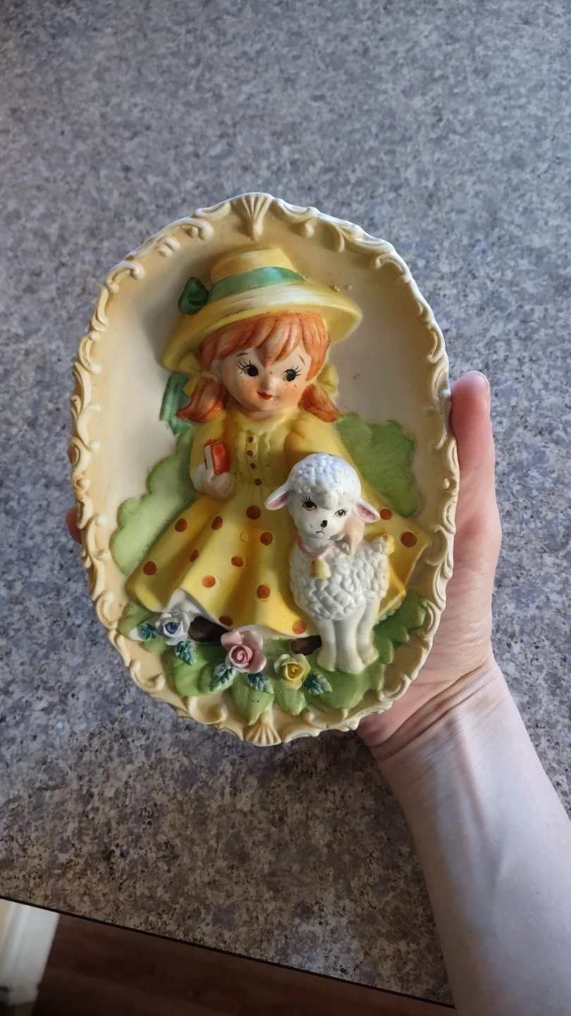 Vintage Ceramic Wall Plaque - Girl with Lamb & Boy with Flower - photo 2