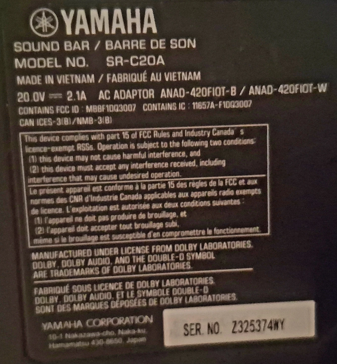 Yamaha SR-C20A Sound Bar