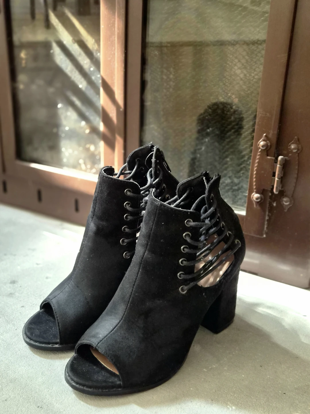 Ardene Black Faux Suede Peep-Toe Lace-Up Heeled Booties