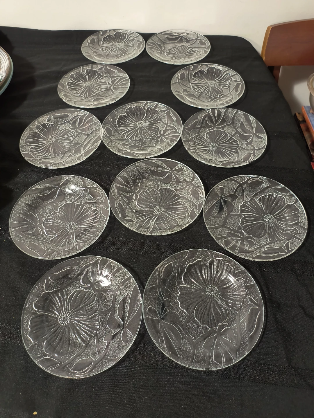Set of 12 Clear Glass Dessert Plates with Floral Embossing