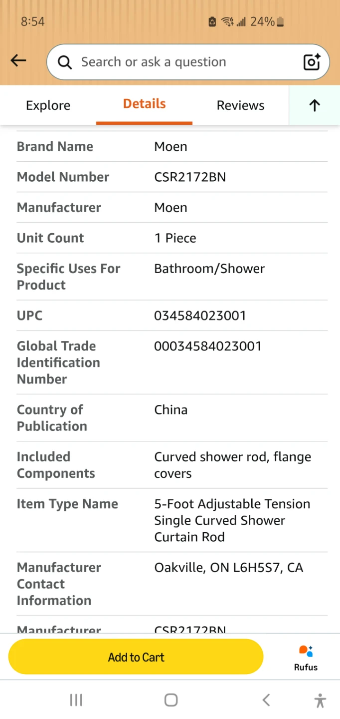 Moen CSR2172BN 5-Foot Adjustable Tension Curved Shower Rod - photo 4