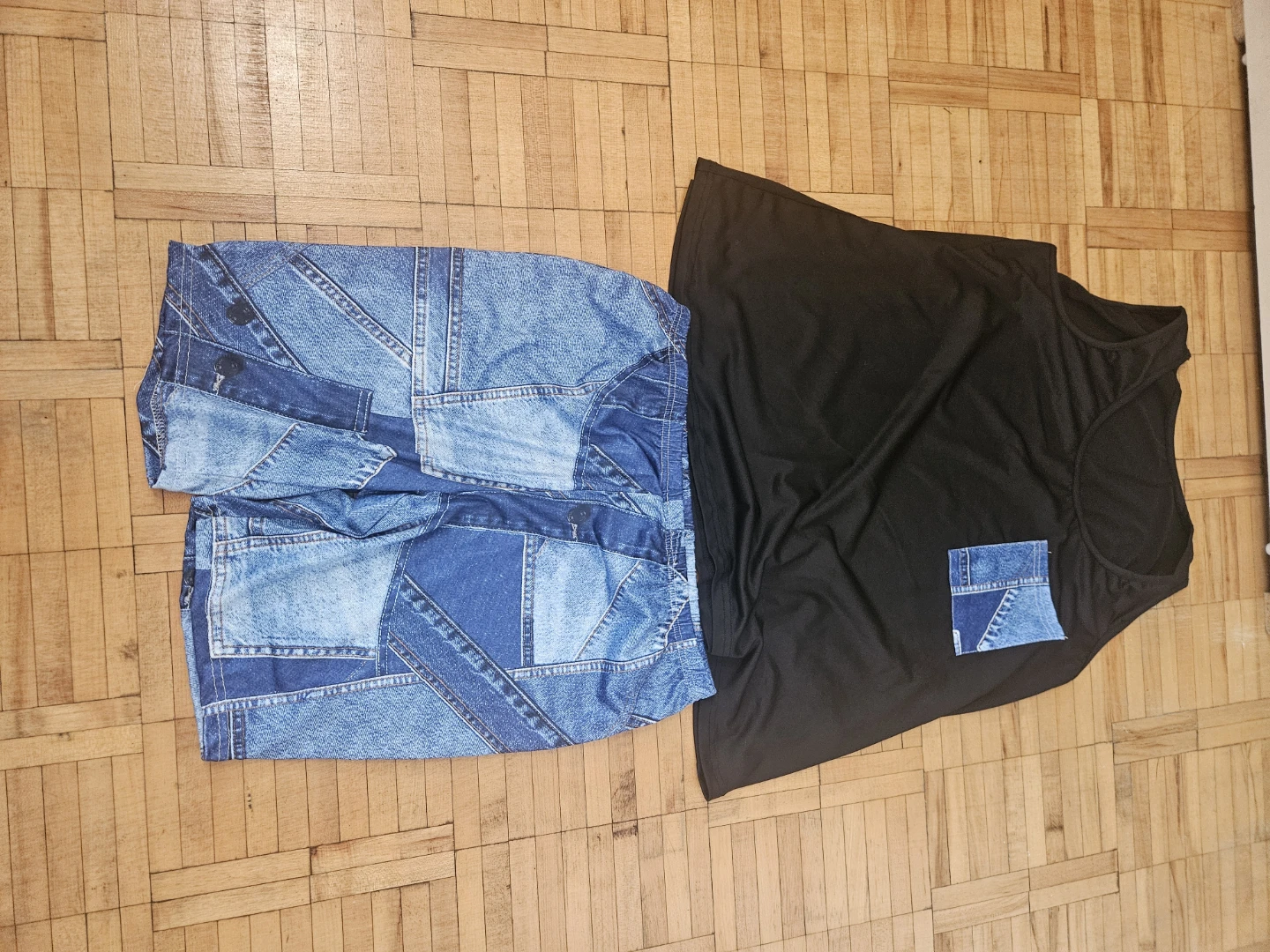 Patchwork Denim Shorts & Black Tank Top Set - photo 3