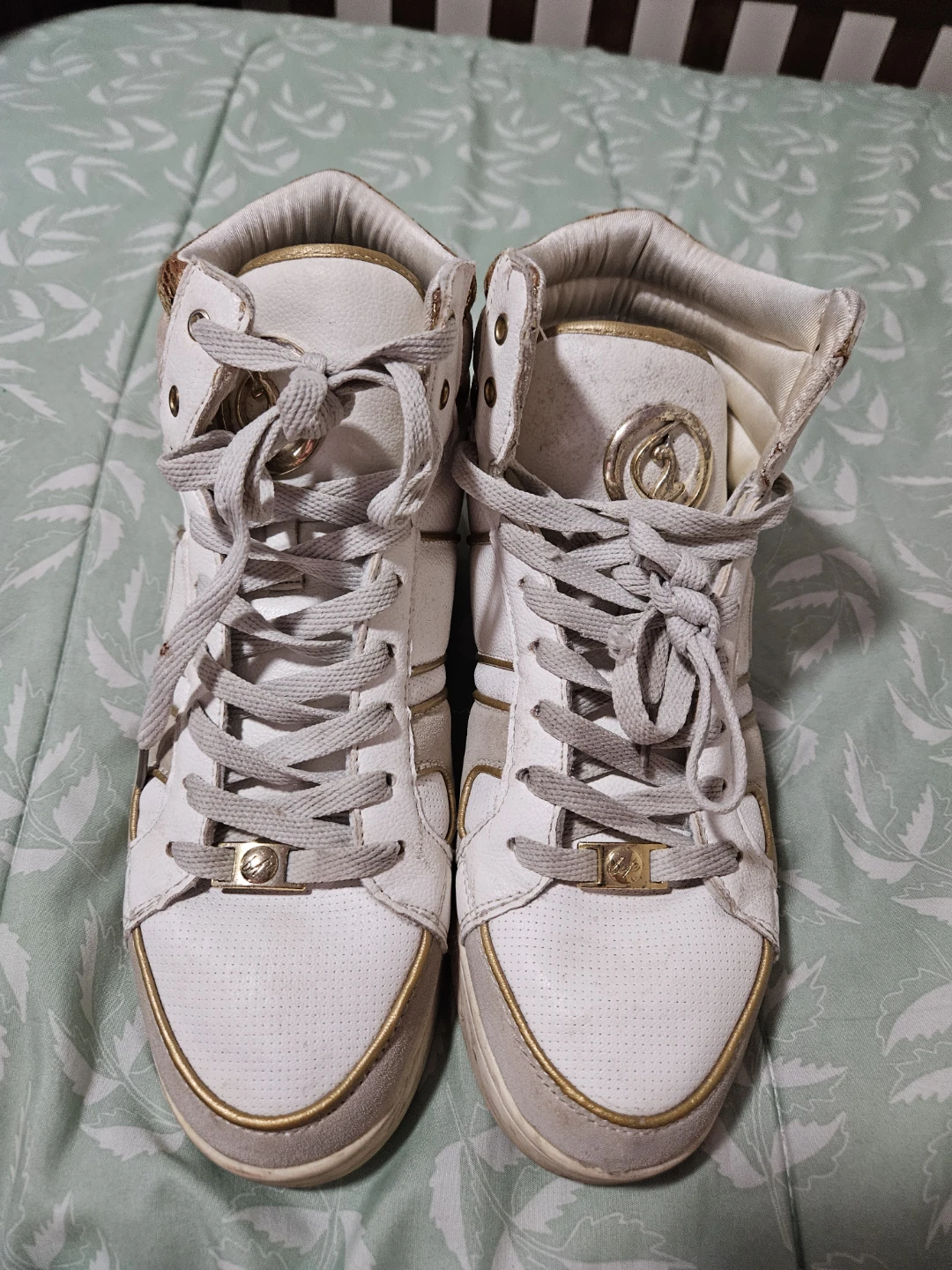 White High Top Sneakers with Gold Accents