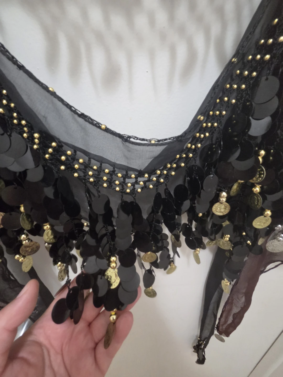 Black Belly Dance Hip Scarf with Gold Sequins & Coins
