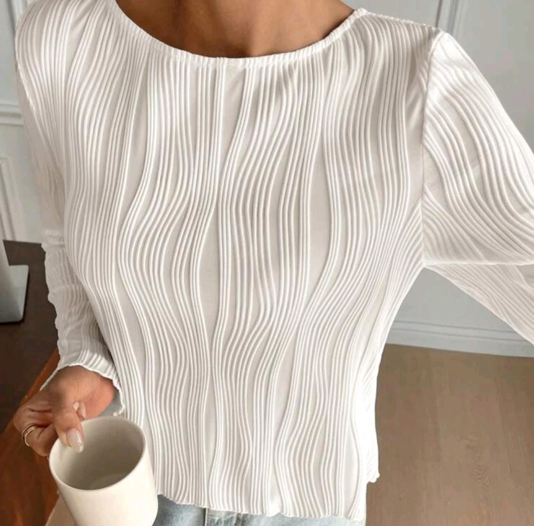 White Pleated Long Sleeve Top with Tie Back