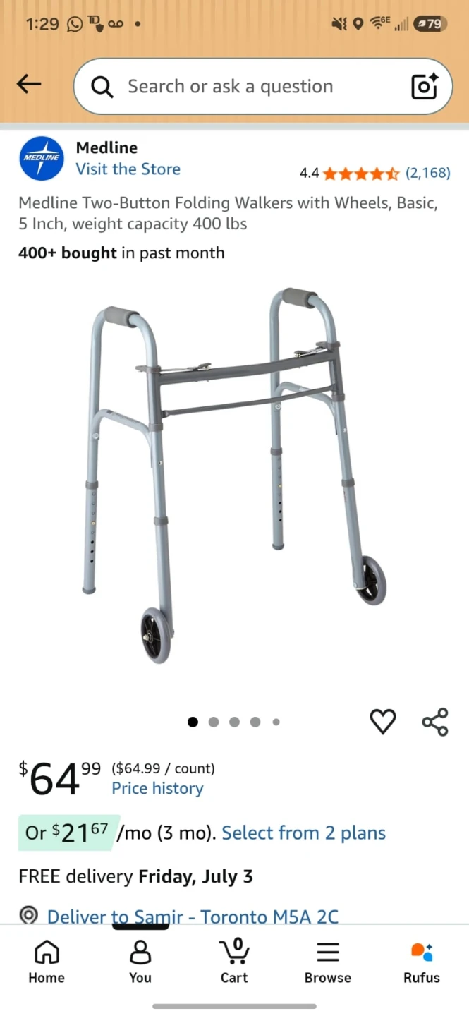 Medline Two-Button Folding Walker with Wheels