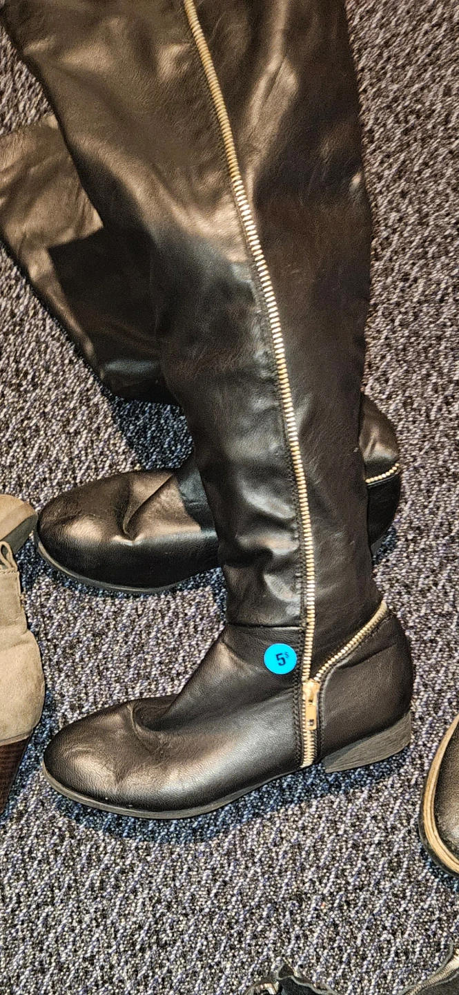 Black Faux Leather Over-the-Knee Boots with Gold Zippers