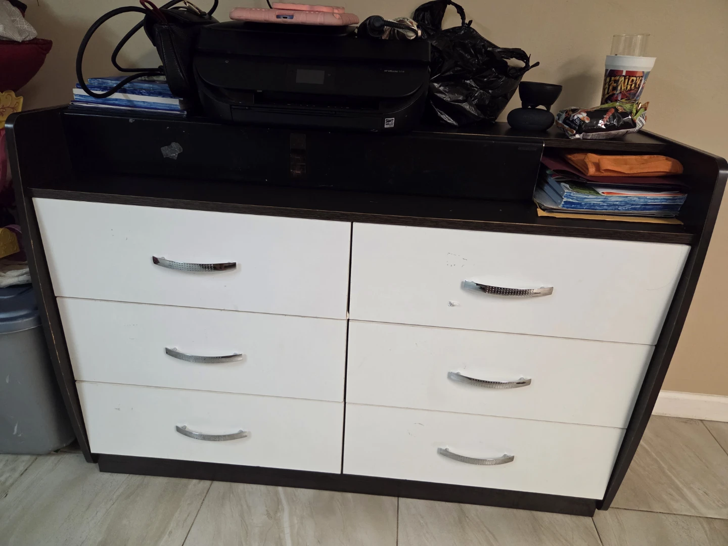 White and Dark Brown Dresser with 6 Drawers