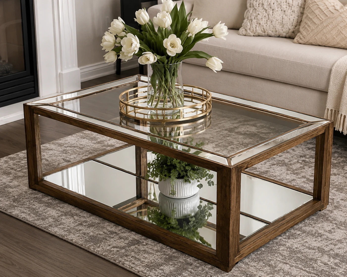Mirrored Coffee Table with Wood Frame