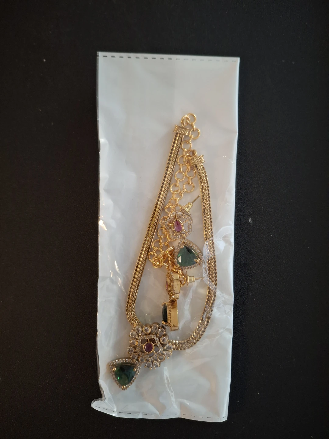 Gold-tone Necklace with Green and Red Stones
