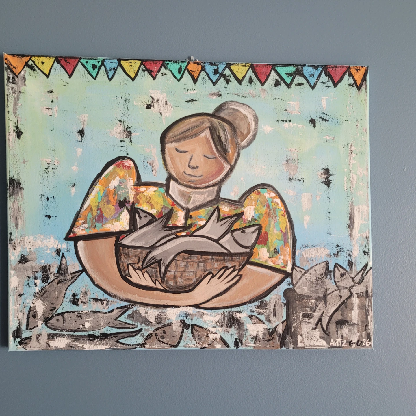 Original Painting by my Husband - Woman Holding Basket of Fish