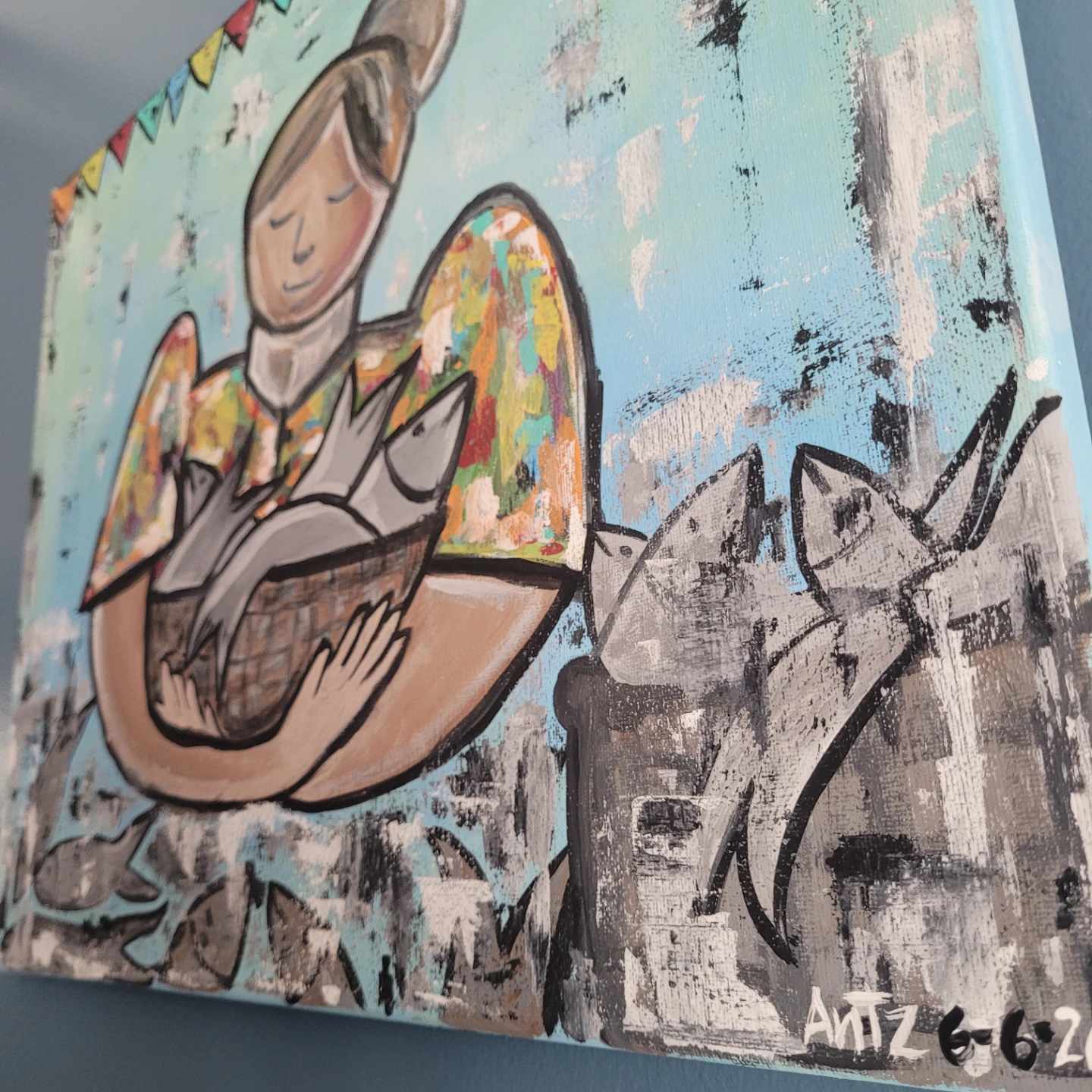 Original Painting by my Husband - Woman Holding Basket of Fish - photo 2
