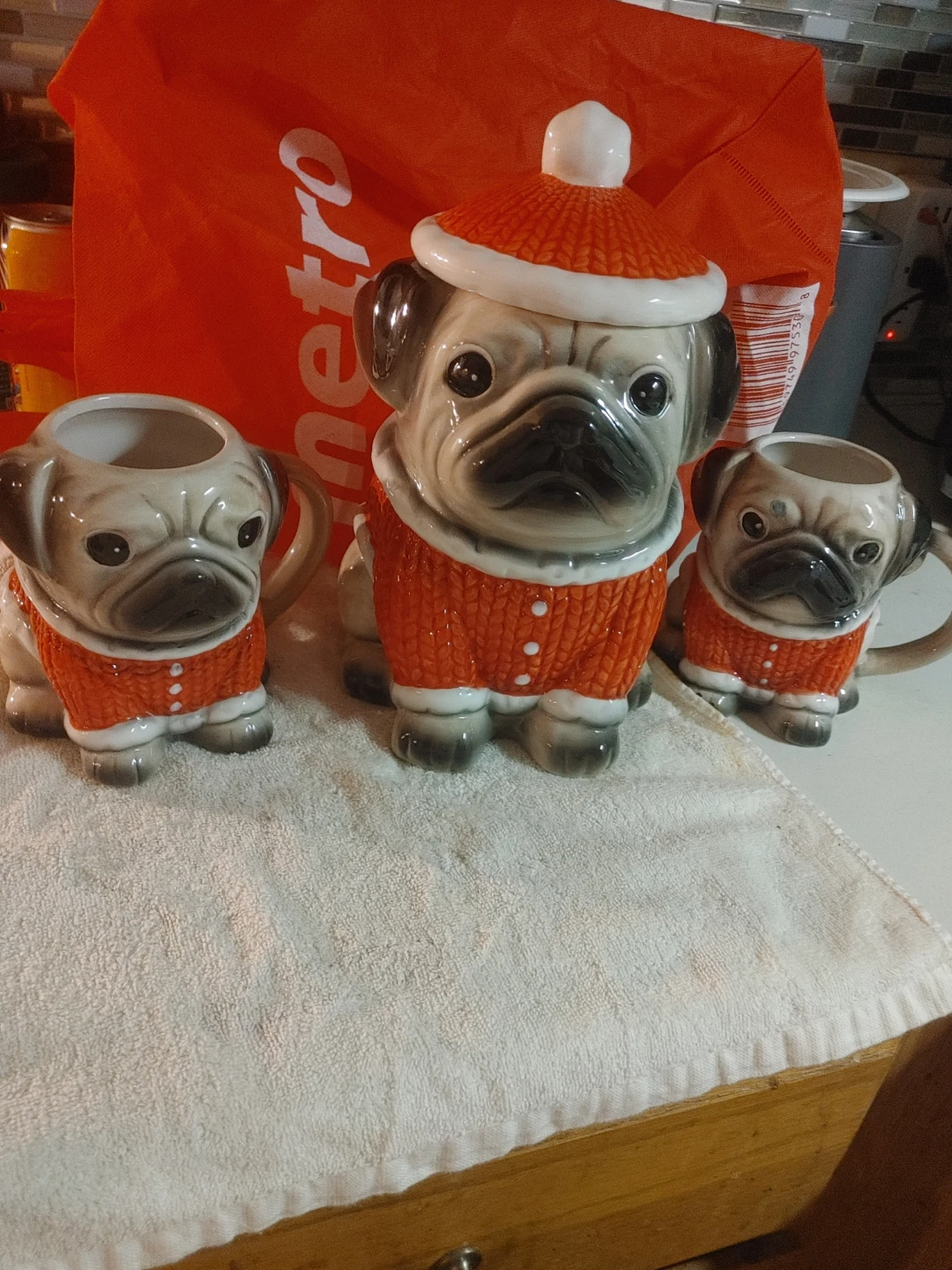 Pug Christmas Cookie Jar and Mugs Set
