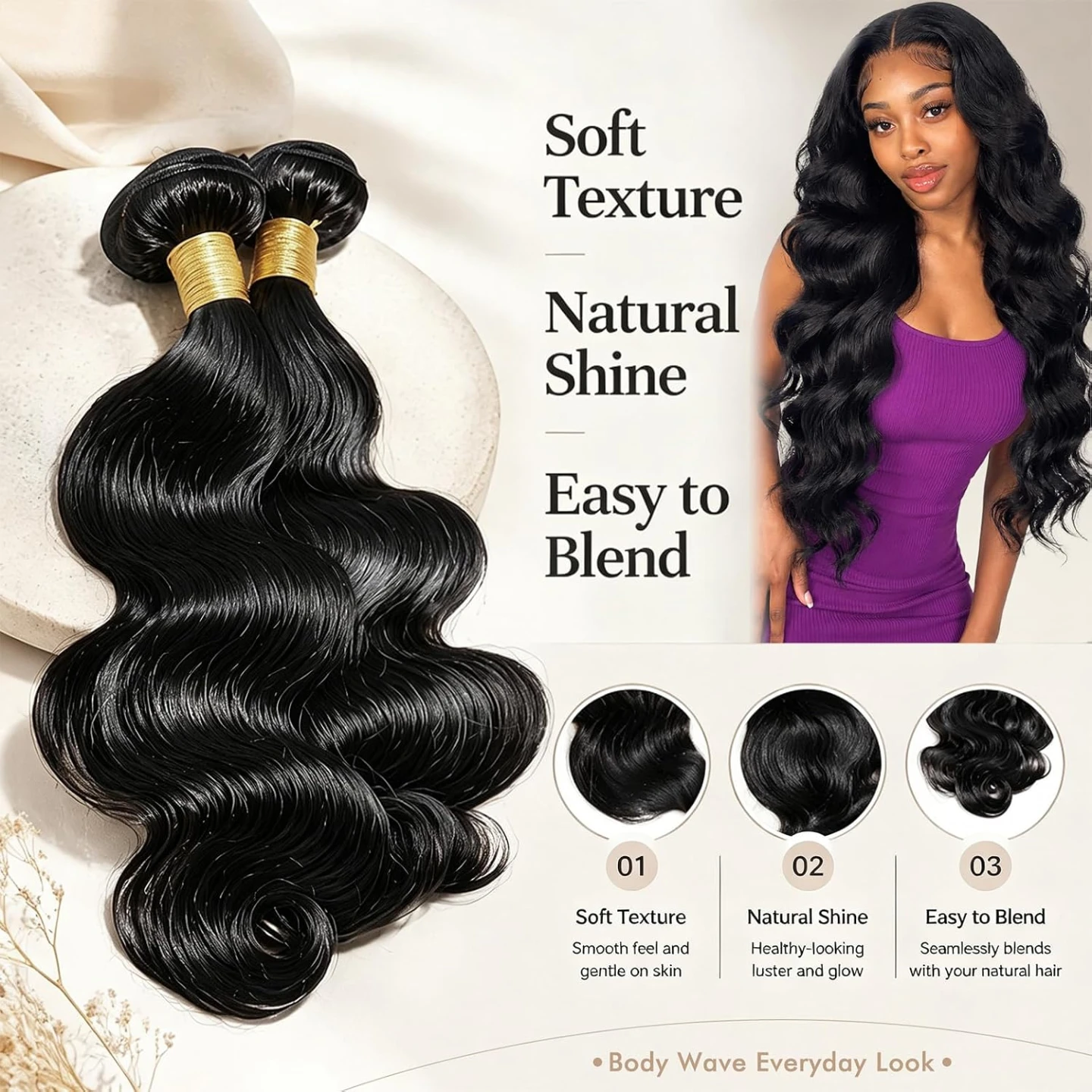 100% Human Hair Body Wave Bundles - Black - photo 4