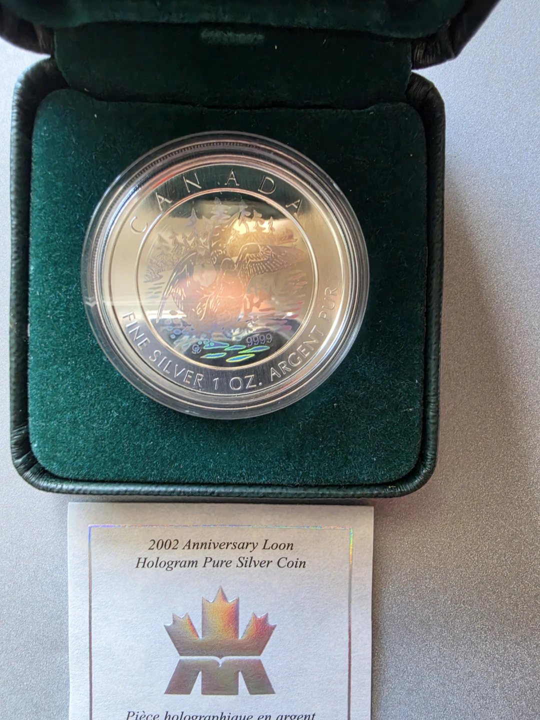 2002 Anniversary Loon Hologram fine silver  proof coin