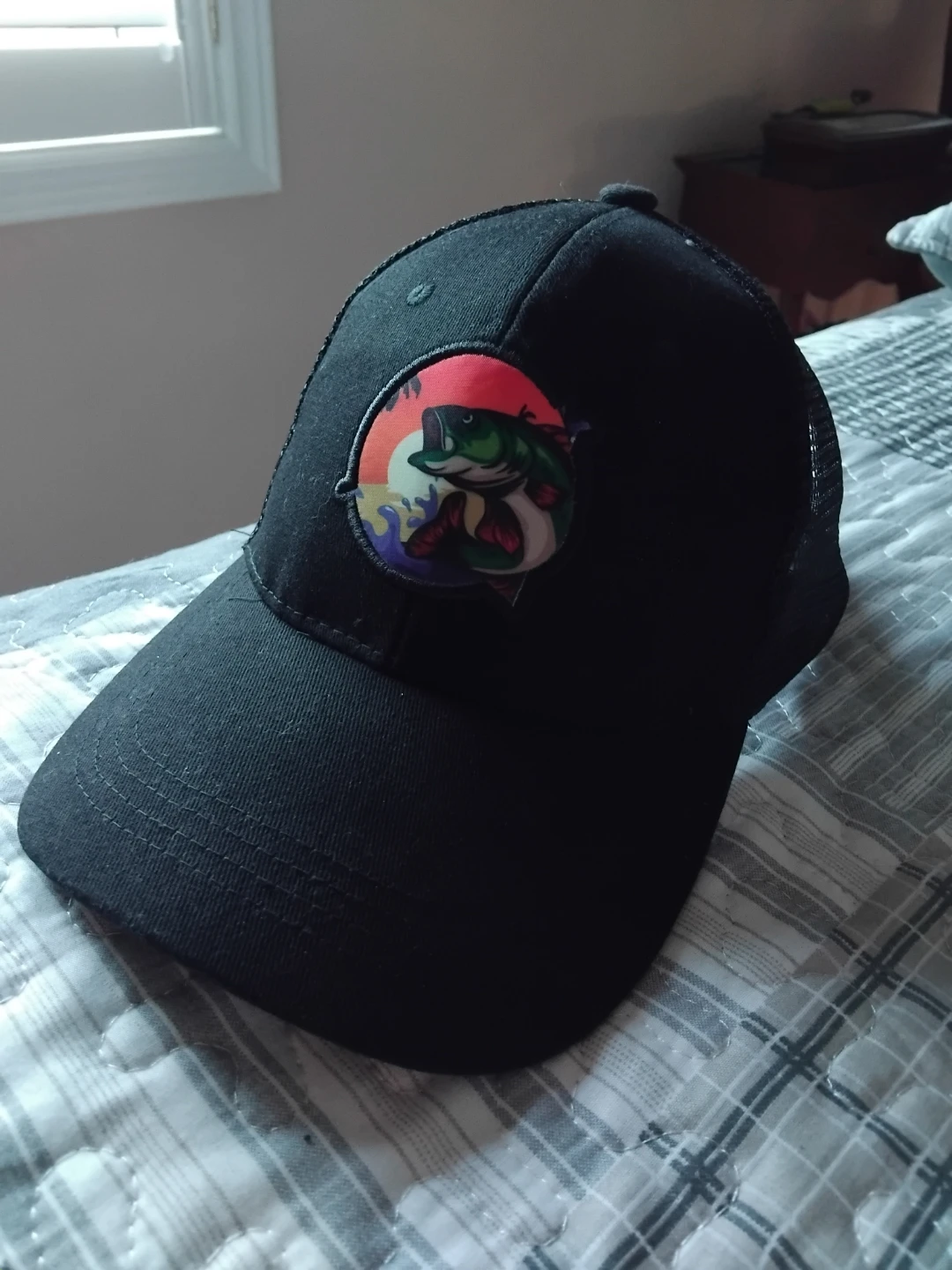 Black Mesh Back Trucker Hat with Fish Graphic