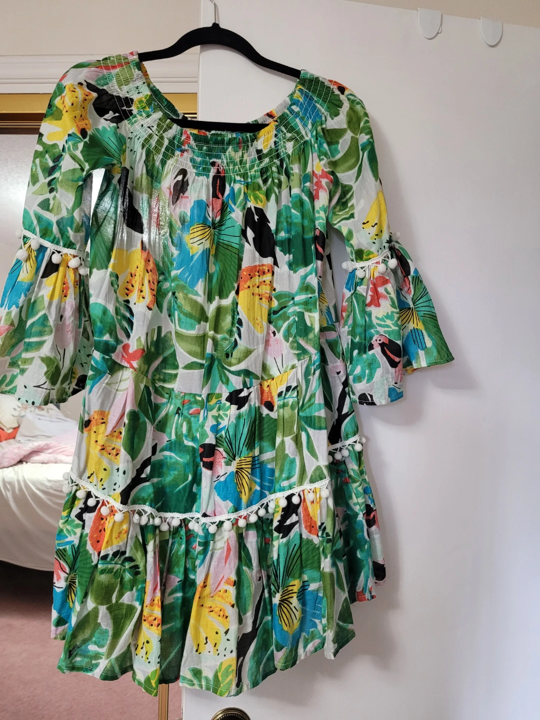 Off-the-shoulder floral print tiered mini dress