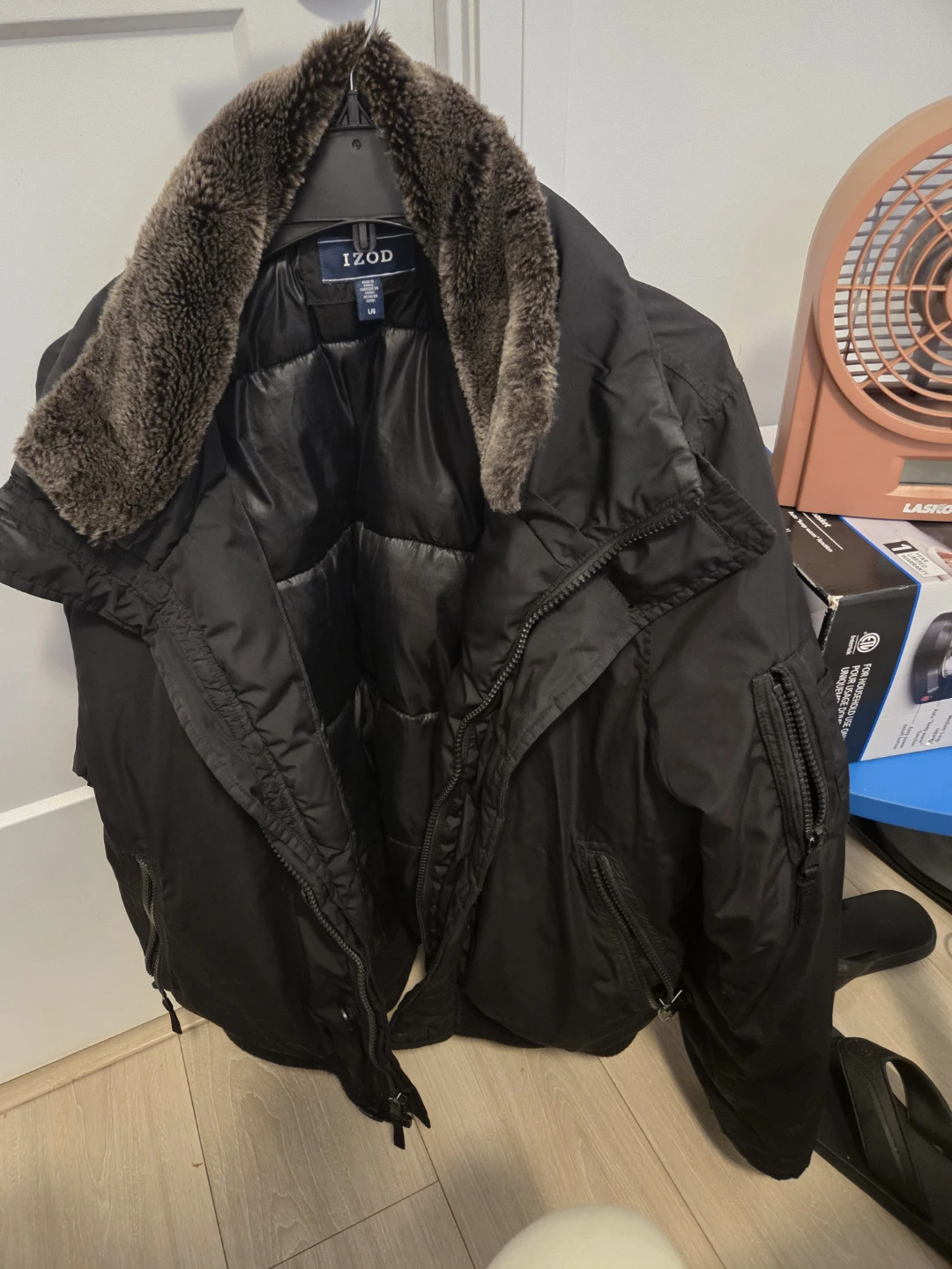 IZOD Black Bomber Jacket with Faux Fur Collar