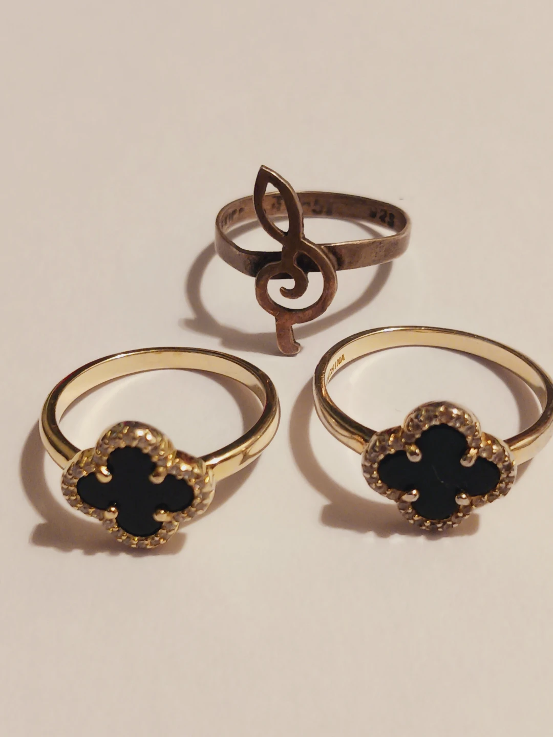 Lot of 3× Sterling Silver Rings Treble Clef & Clover Designs