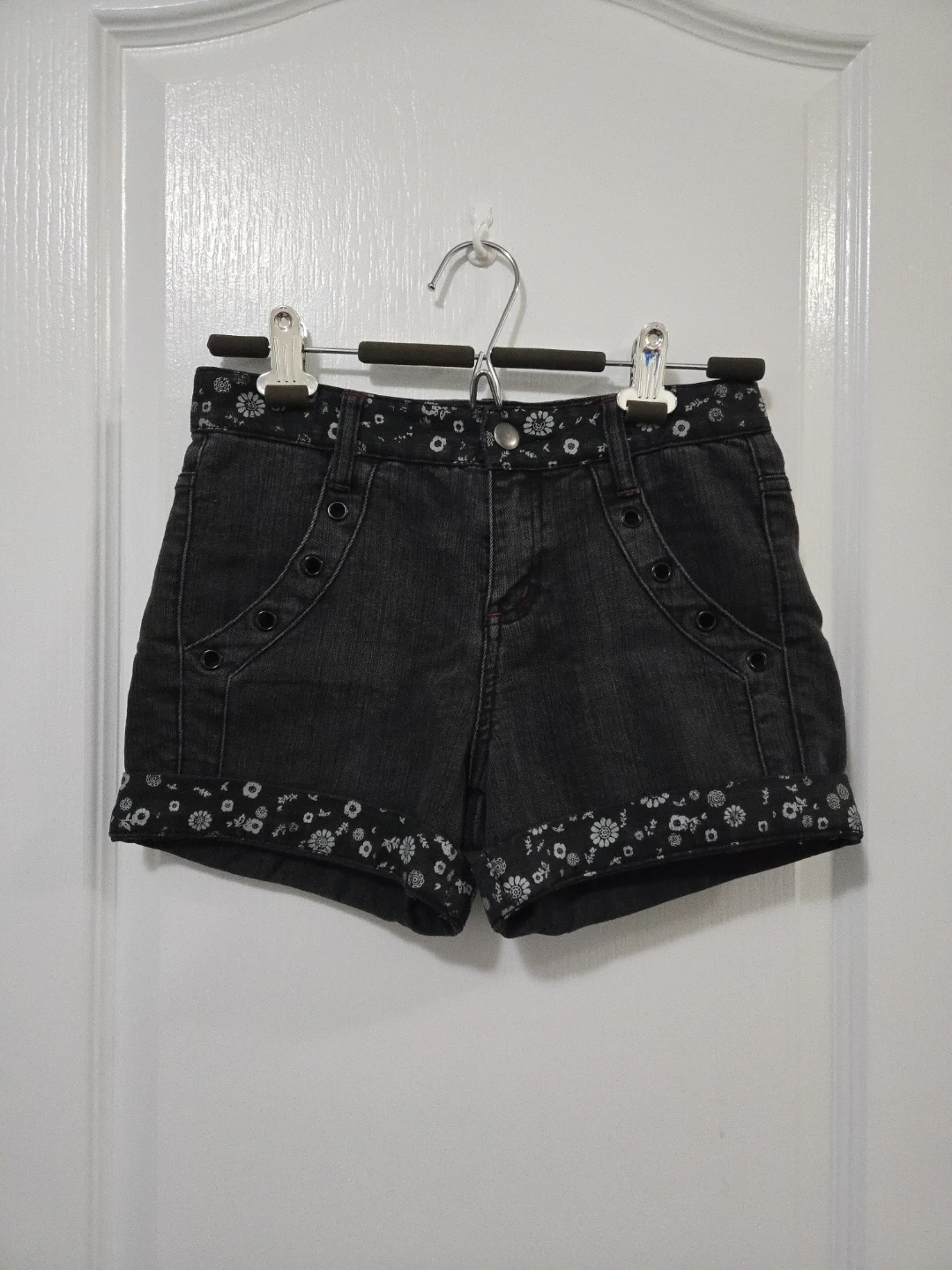 Women's Black Denim Shorts with Floral Trim XS
