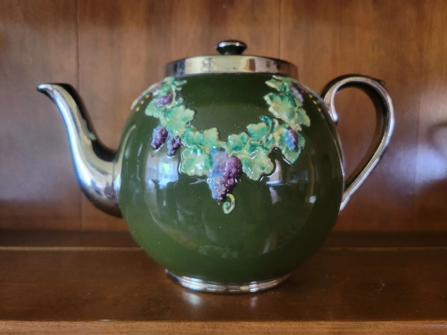 Green Ceramic Teapot with Grapevine Design