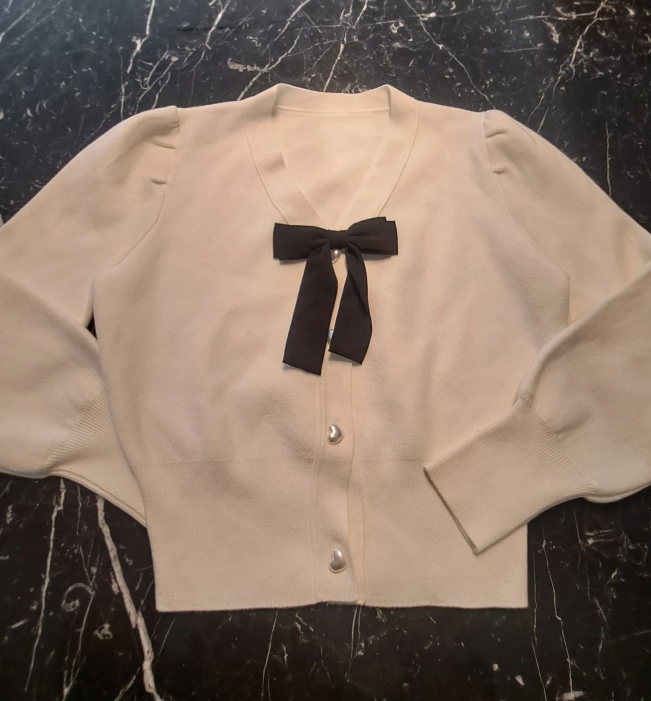 Cream Cardigan with Black Bow and Heart Buttons