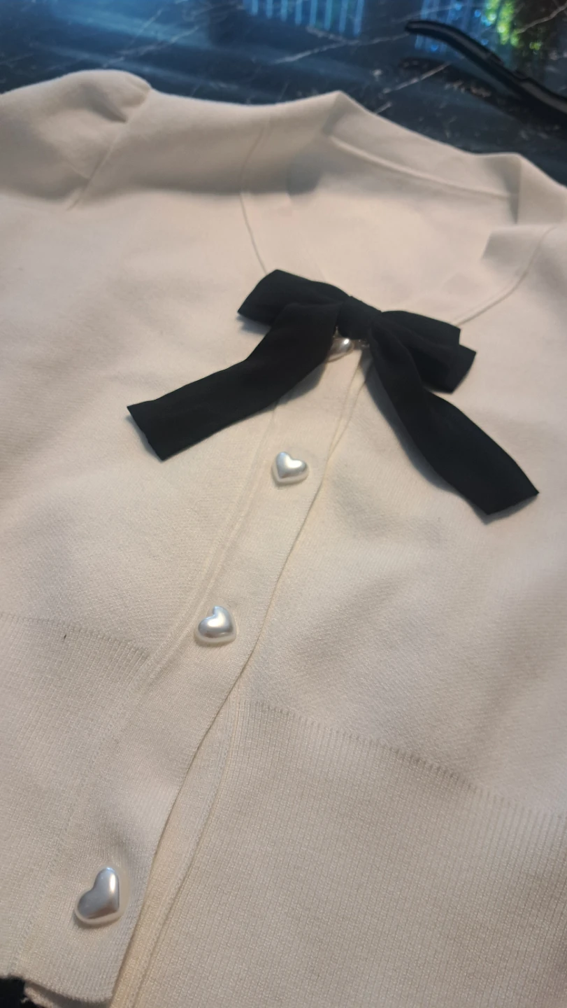 Cream Cardigan with Black Bow and Heart Buttons - photo 2