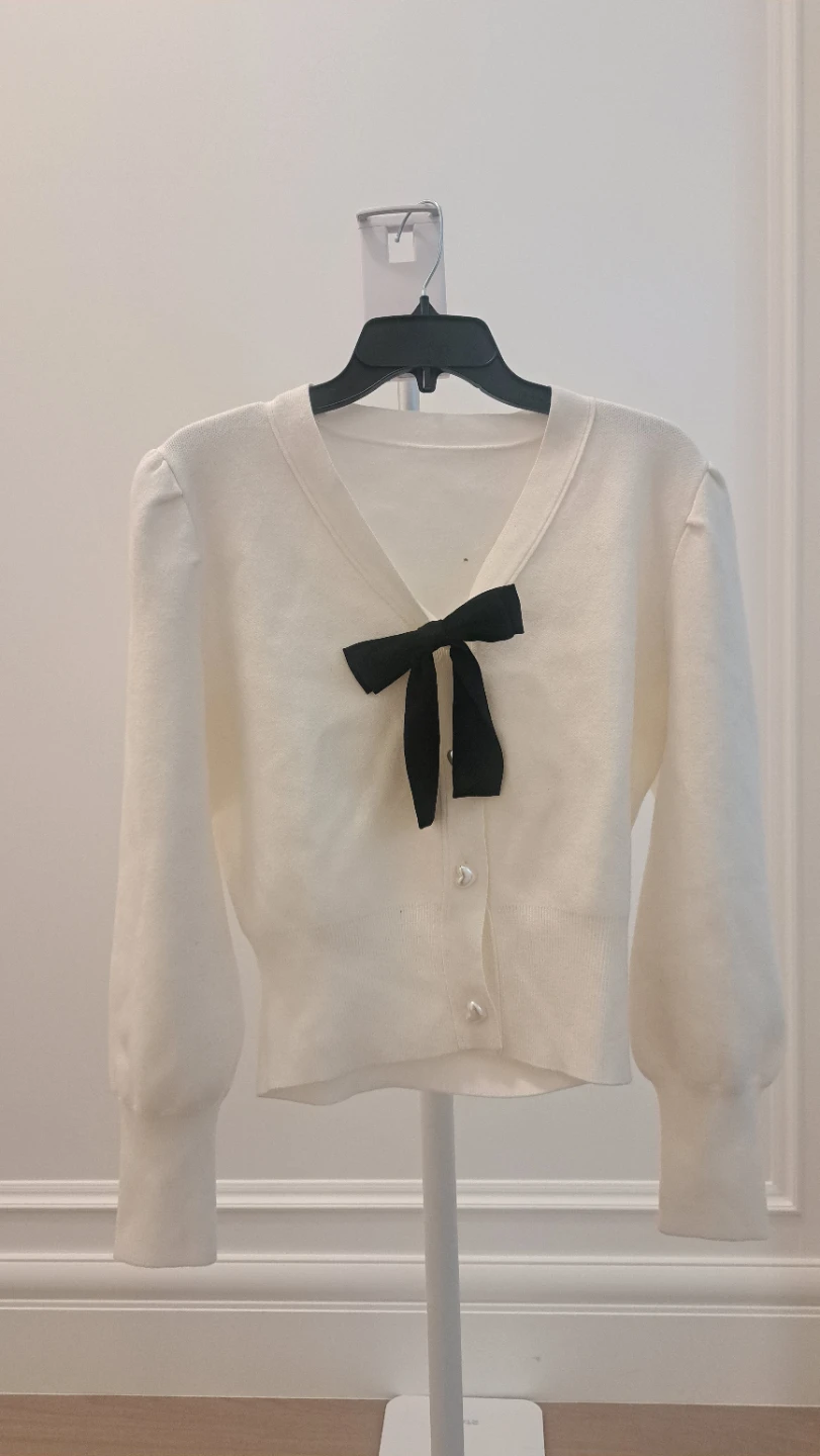 Cream Cardigan with Black Bow and Heart Buttons - photo 3