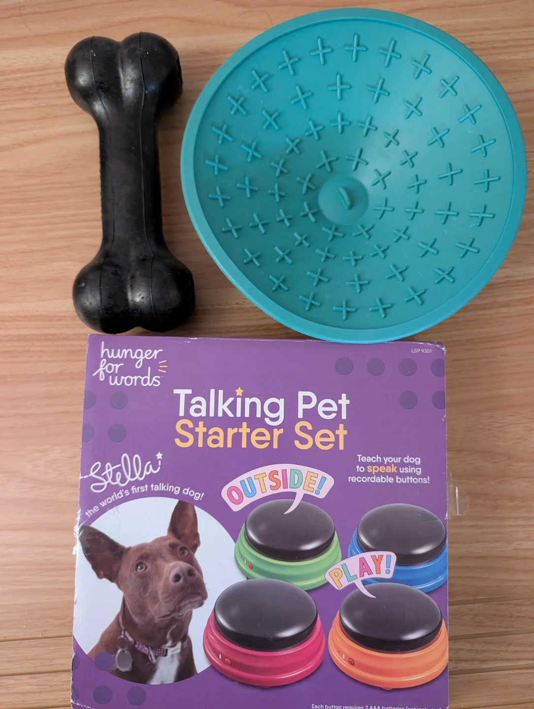 Dog stuff: Kong, lickimat, and talking pet buttons