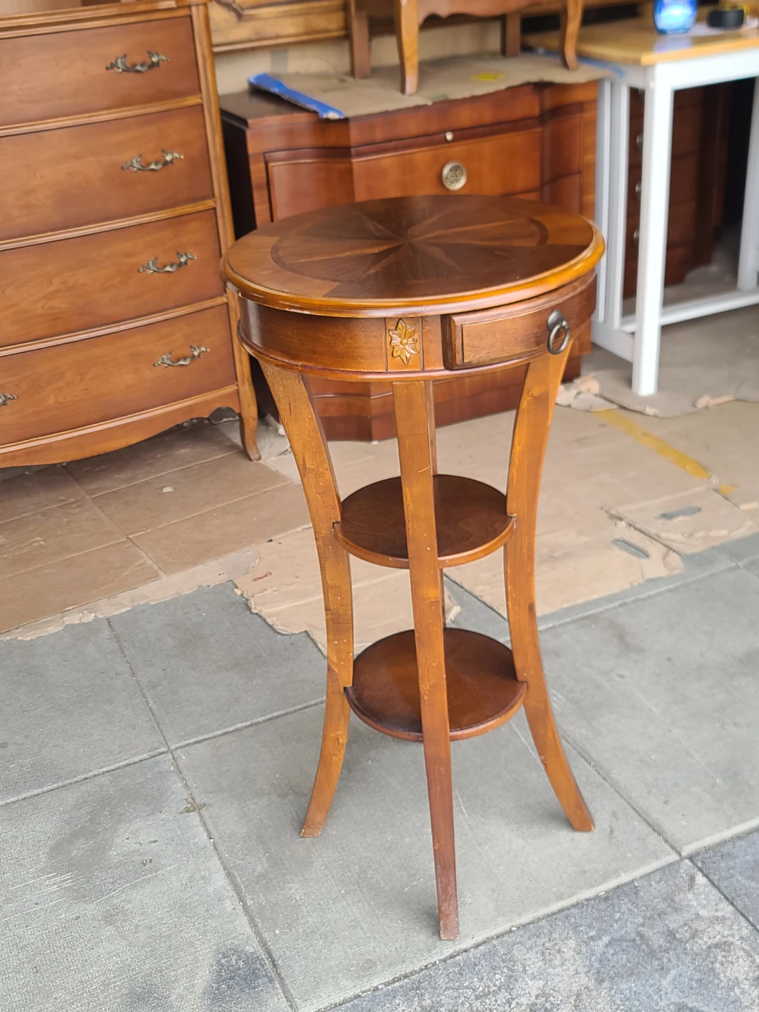 Round Wood Side Table with Drawer