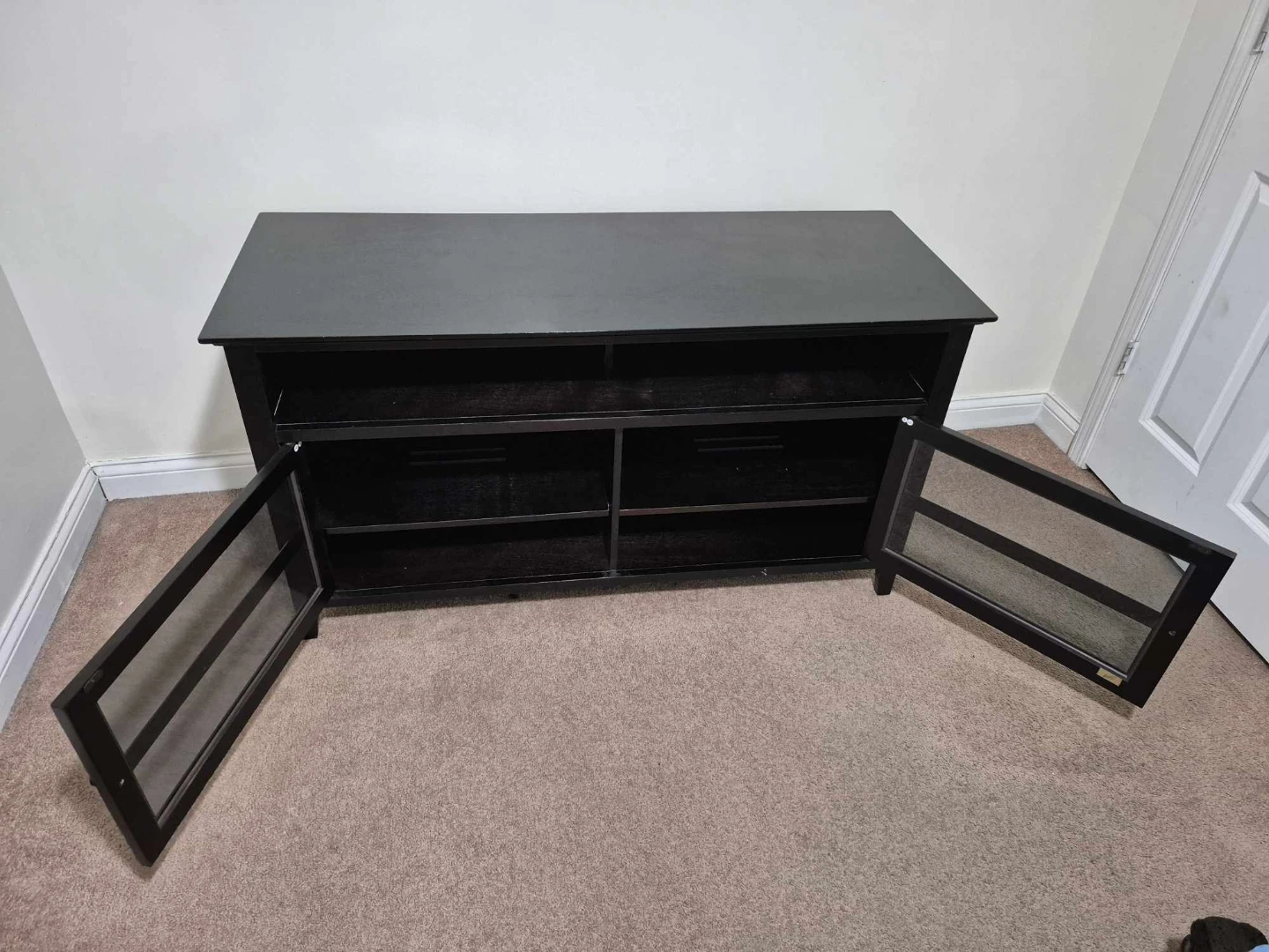 Dark Wood TV Stand with Glass Doors