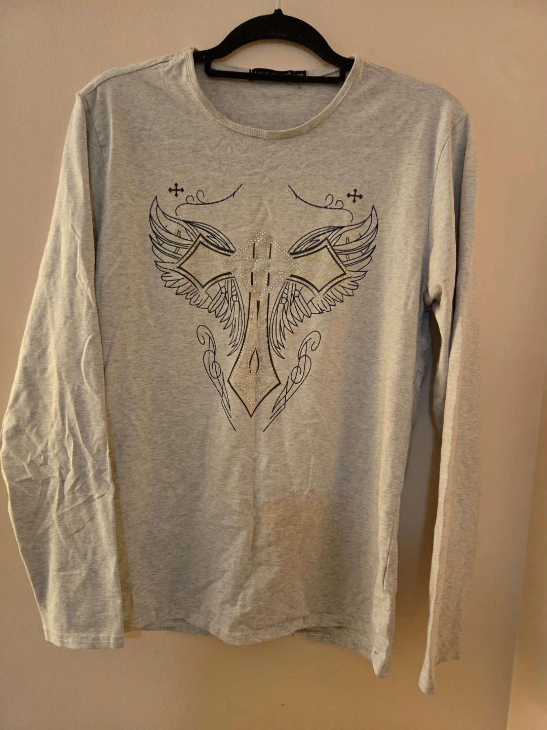 Grey Long Sleeve Shirt with Cross and Wings Design