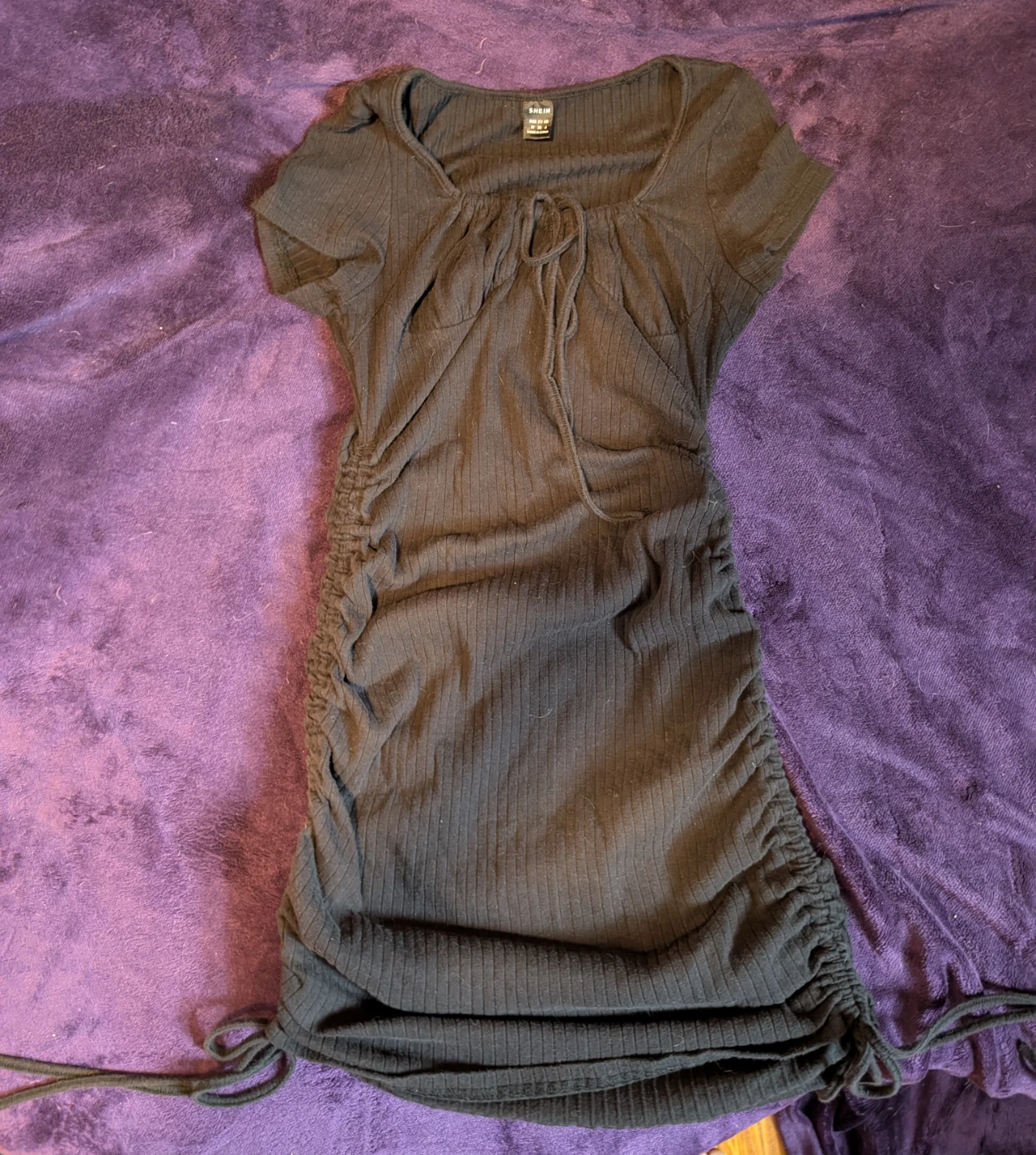 SHEIN Black Ribbed Ruched Drawstring Dress