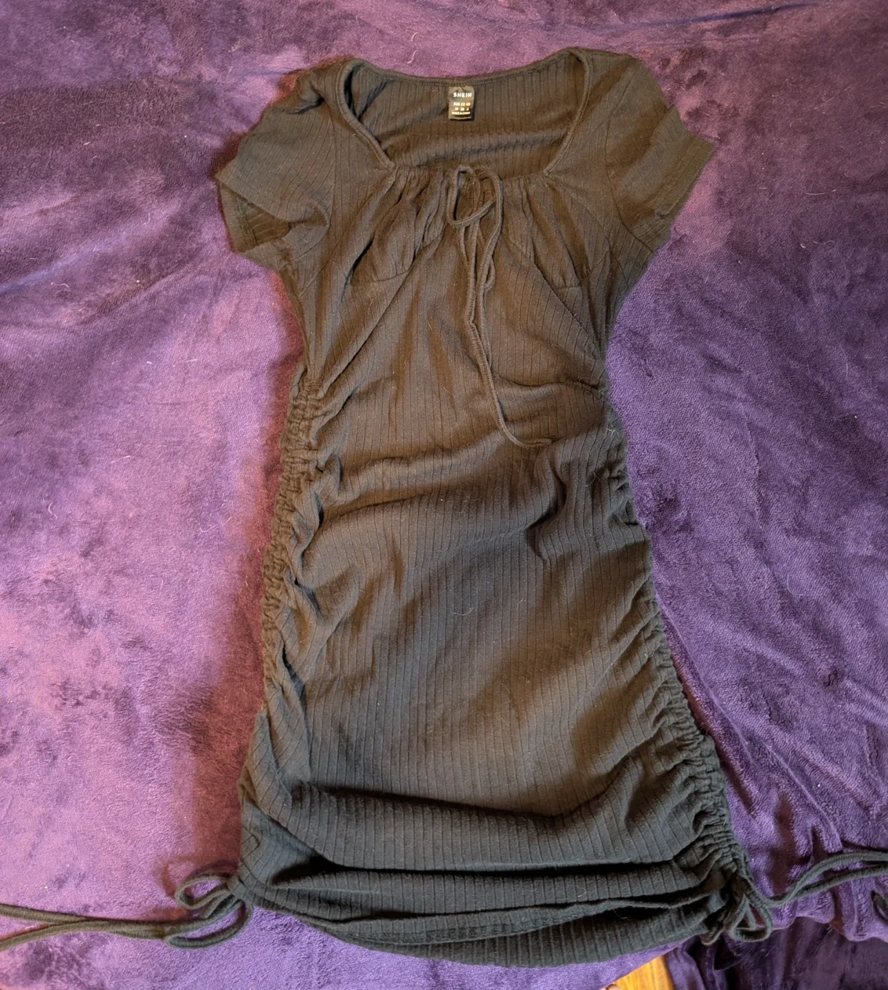 SHEIN Black Ribbed Ruched Drawstring Dress